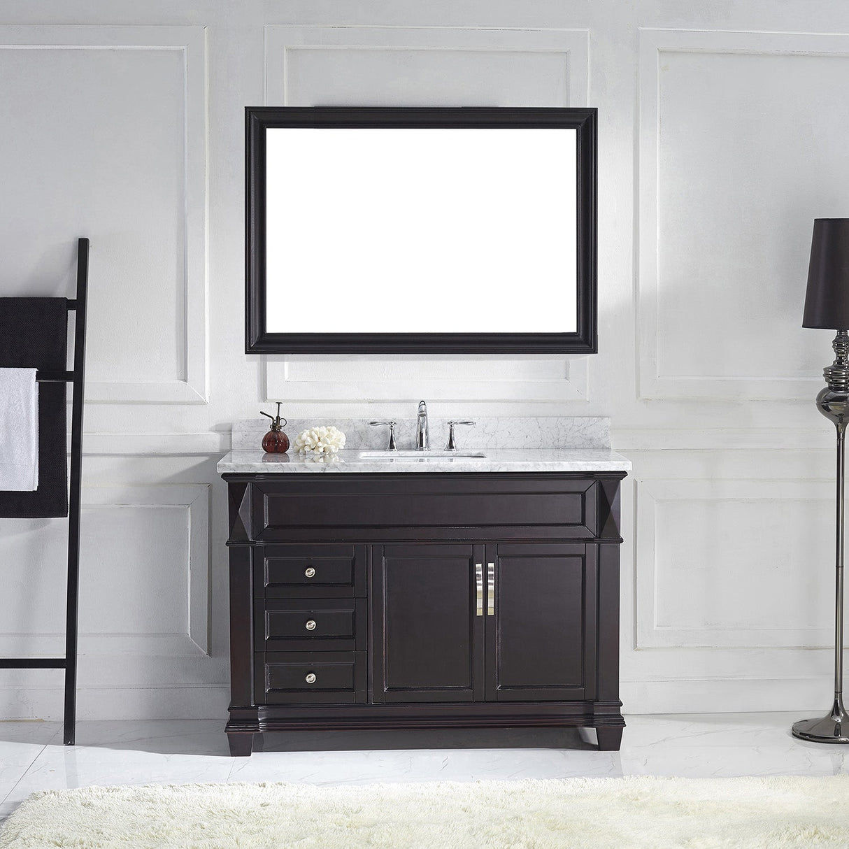 Virtu USA Victoria 48" Single Bath Vanity with White Marble Top and Square Sink with Polished Chrome Faucet with Matching Mirror