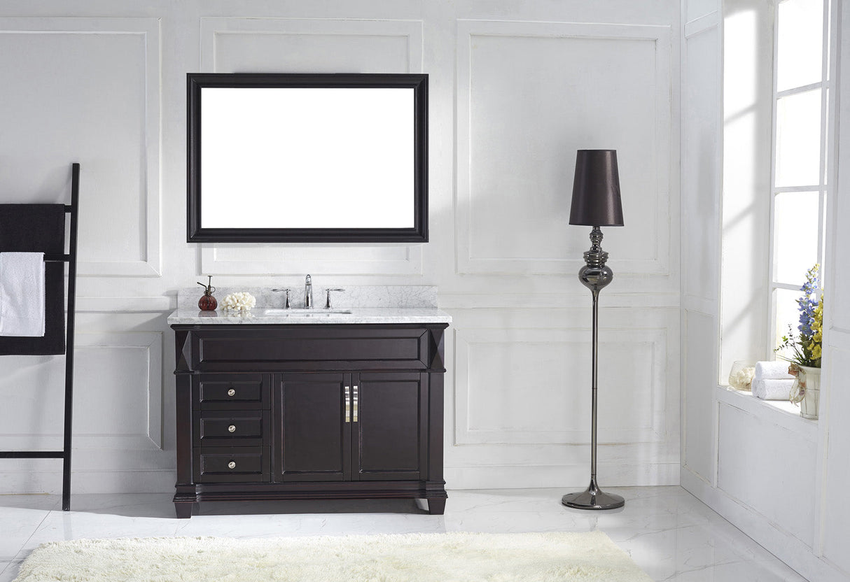 Virtu USA Victoria 48" Single Bath Vanity with White Marble Top and Square Sink with Polished Chrome Faucet with Matching Mirror