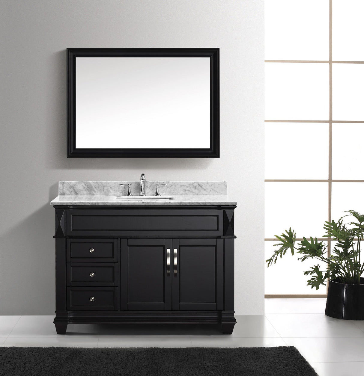Virtu USA Victoria 48" Single Bath Vanity with White Marble Top and Square Sink with Polished Chrome Faucet with Matching Mirror