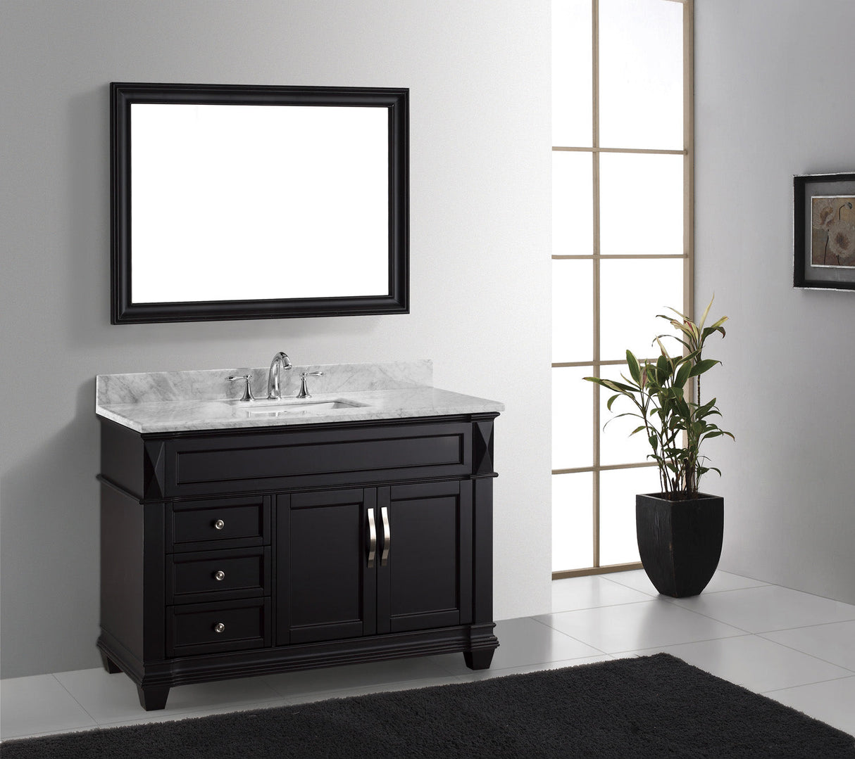 Virtu USA Victoria 48" Single Bath Vanity with White Marble Top and Square Sink with Polished Chrome Faucet with Matching Mirror