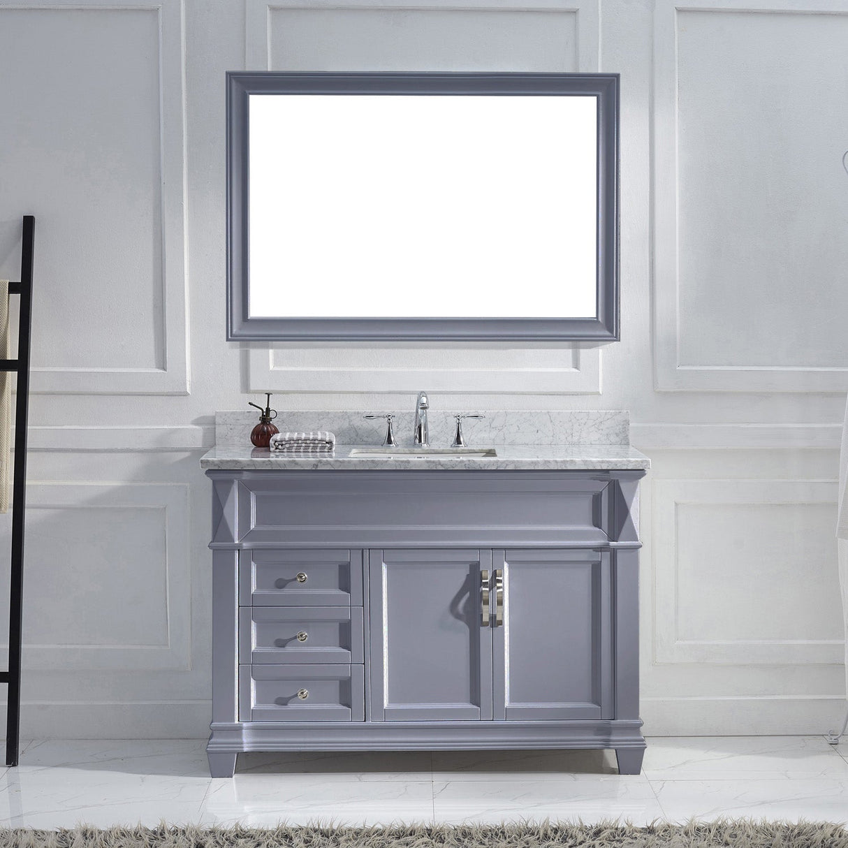 Virtu USA Victoria 48" Single Bath Vanity with White Marble Top and Square Sink with Polished Chrome Faucet with Matching Mirror