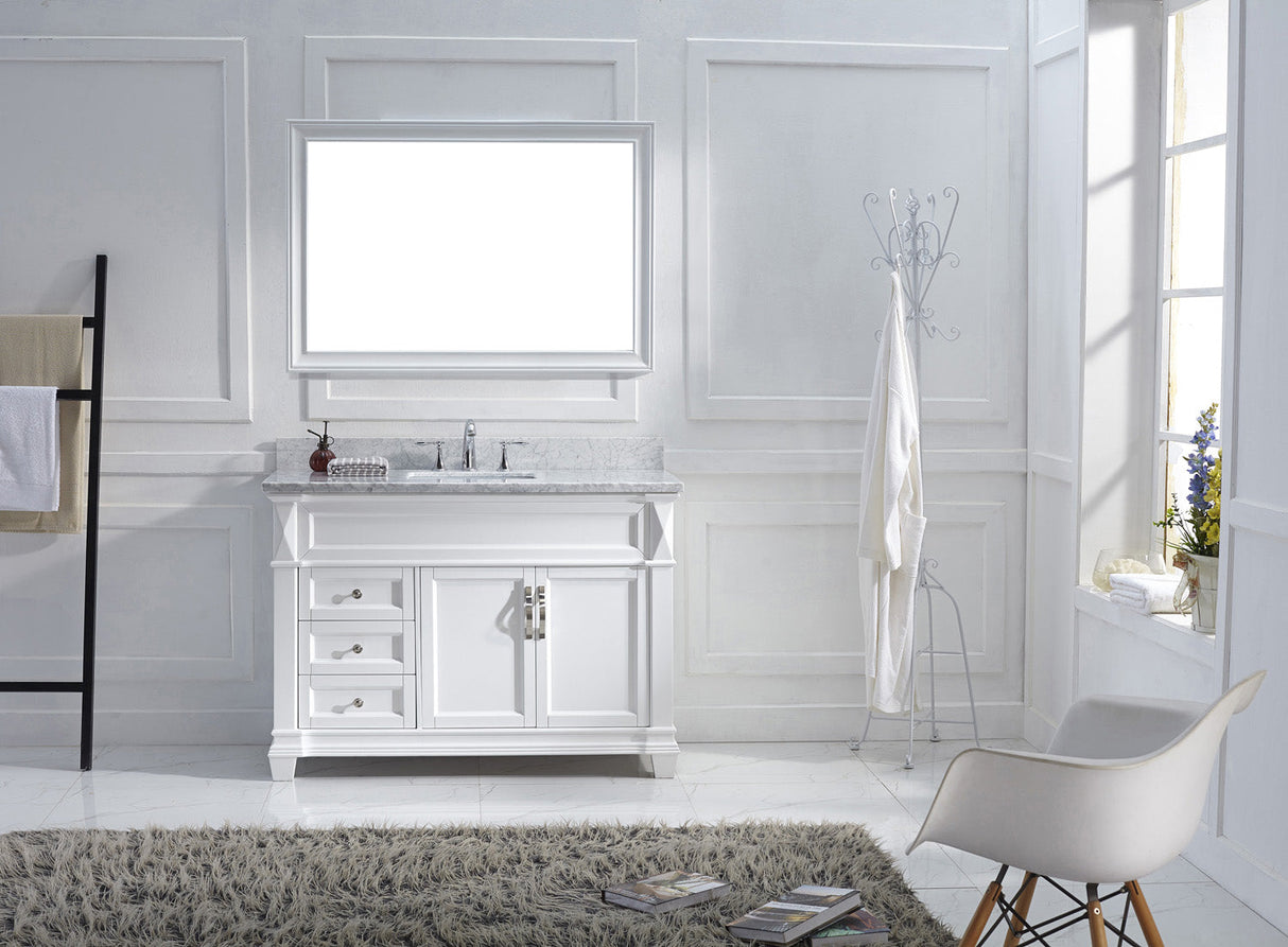 Virtu USA Victoria 48" Single Bath Vanity with White Marble Top and Square Sink with Polished Chrome Faucet with Matching Mirror