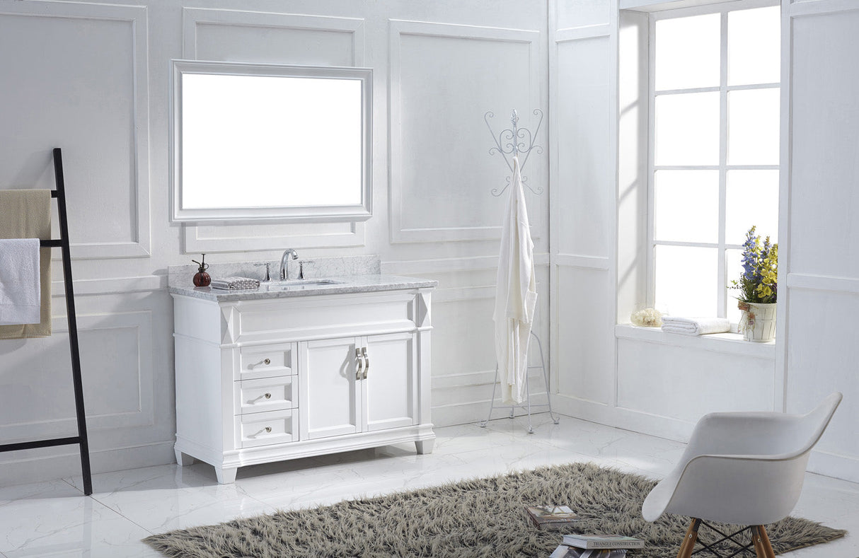 Virtu USA Victoria 48" Single Bath Vanity with White Marble Top and Square Sink with Polished Chrome Faucet with Matching Mirror