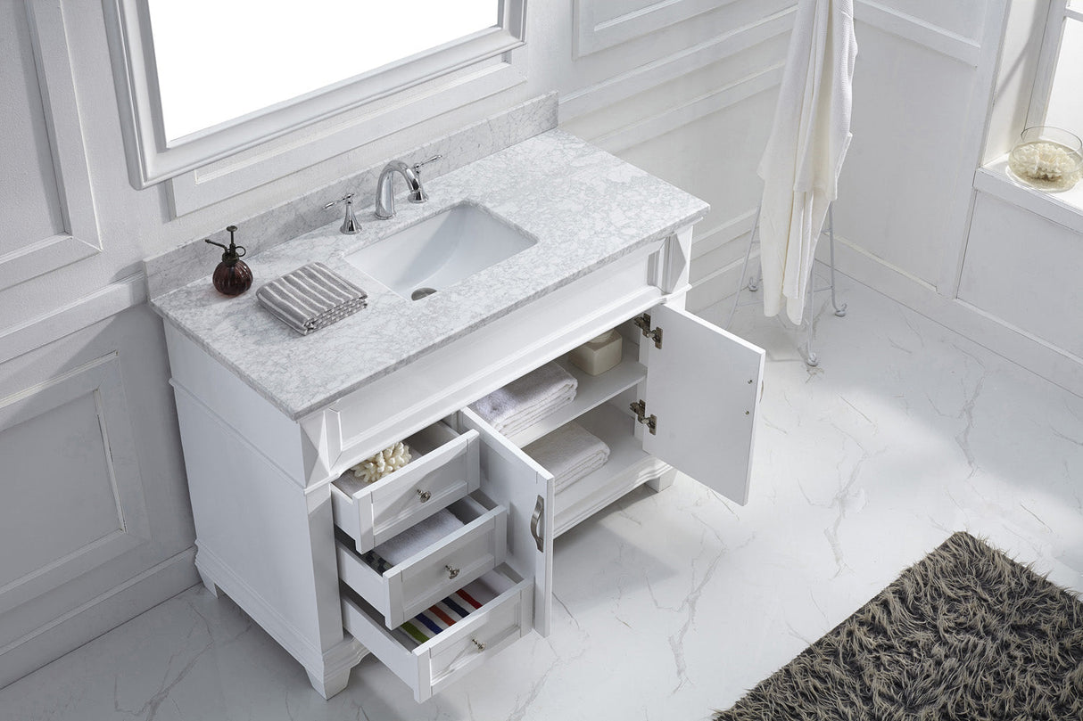 Virtu USA Victoria 48" Single Bath Vanity with White Marble Top and Square Sink with Polished Chrome Faucet with Matching Mirror