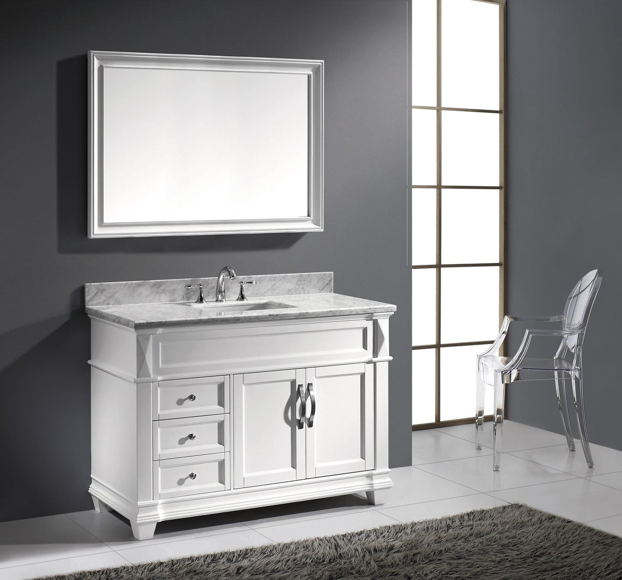 Virtu USA Victoria 48" Single Bath Vanity with White Marble Top and Square Sink with Polished Chrome Faucet with Matching Mirror