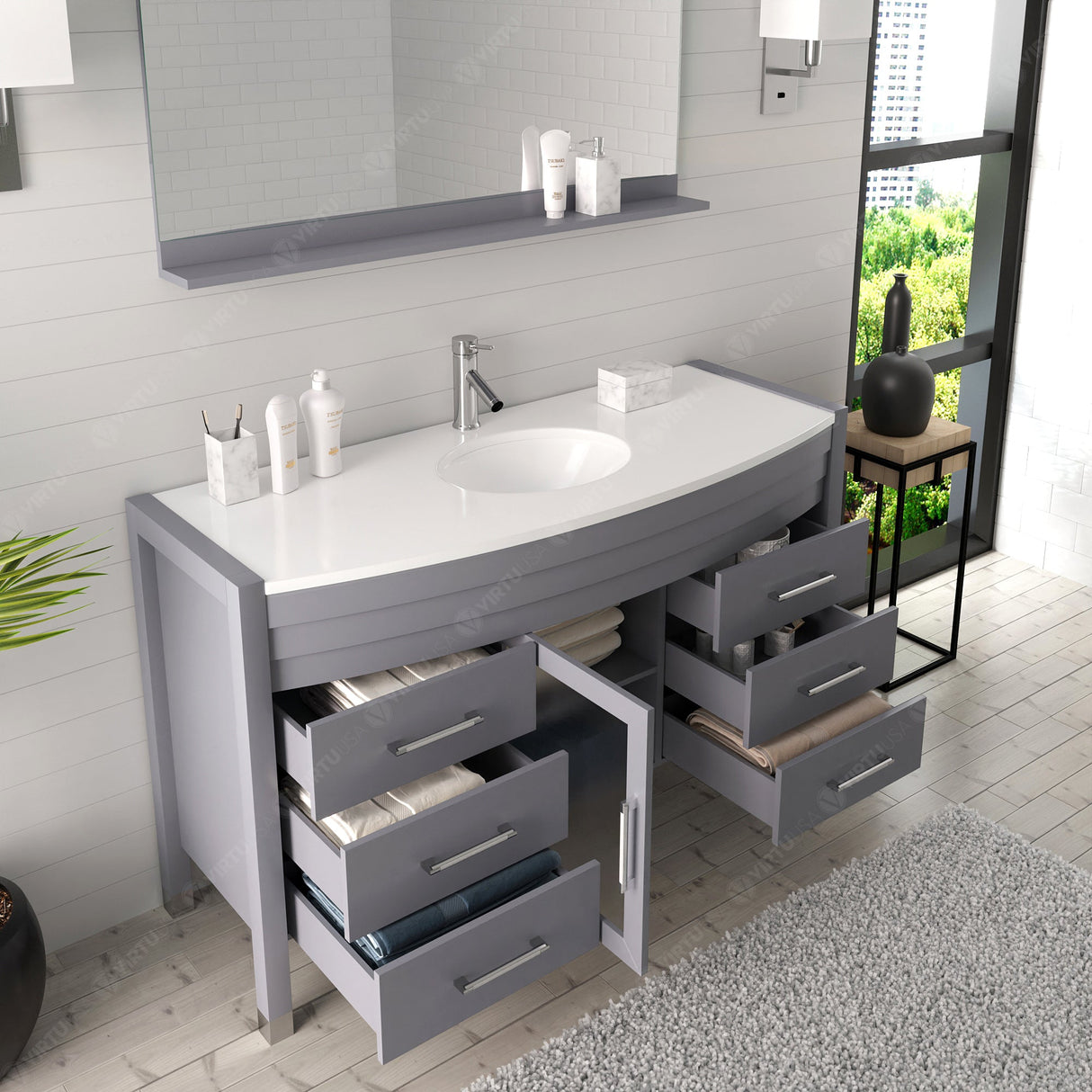 Virtu USA Ava 55" Single Bath Vanity with White Engineered Stone Top and Round Sink with Matching Mirror