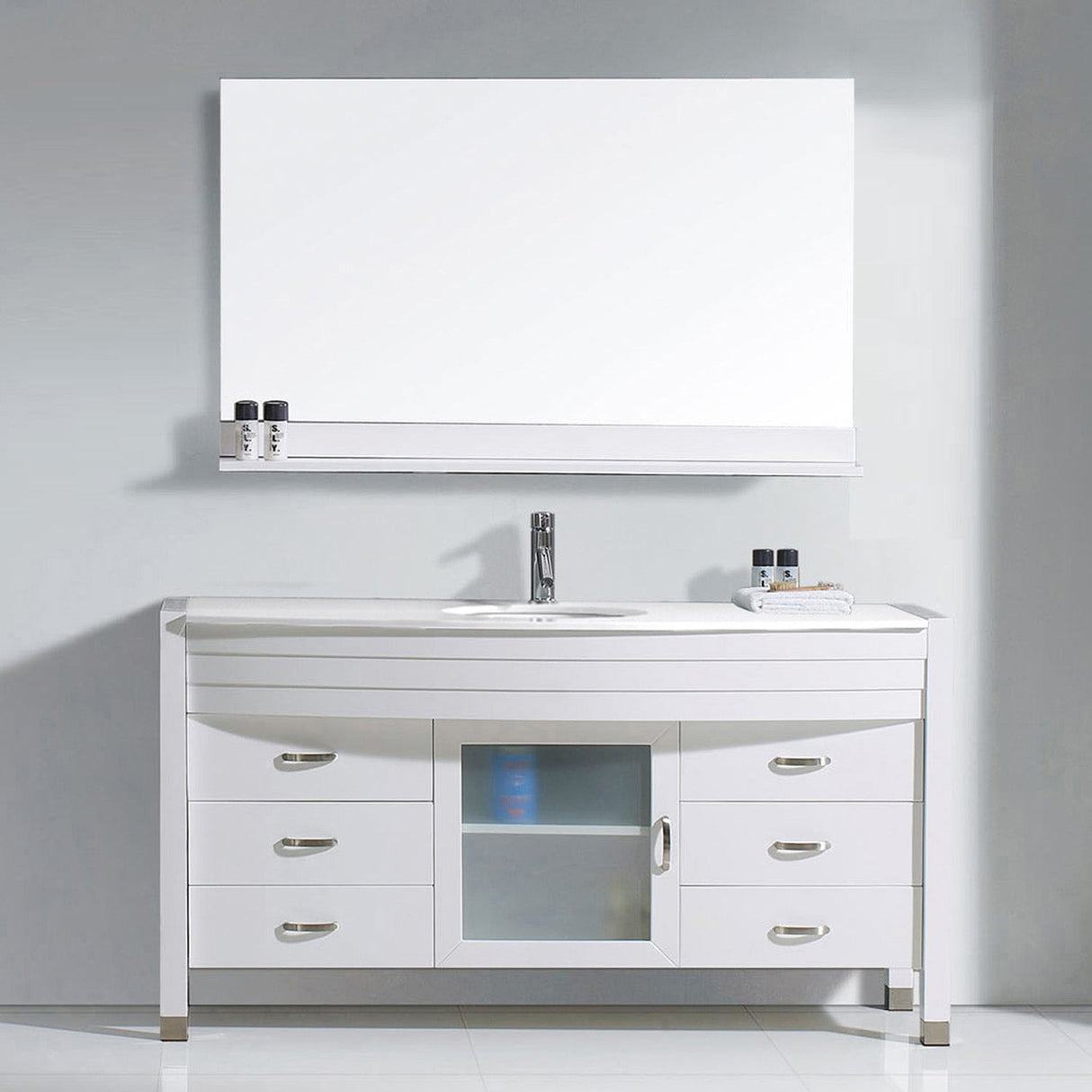 Virtu USA Ava 55" Single Bath Vanity with White Engineered Stone Top and Round Sink with Brushed Nickel Faucet with Matching Mirror