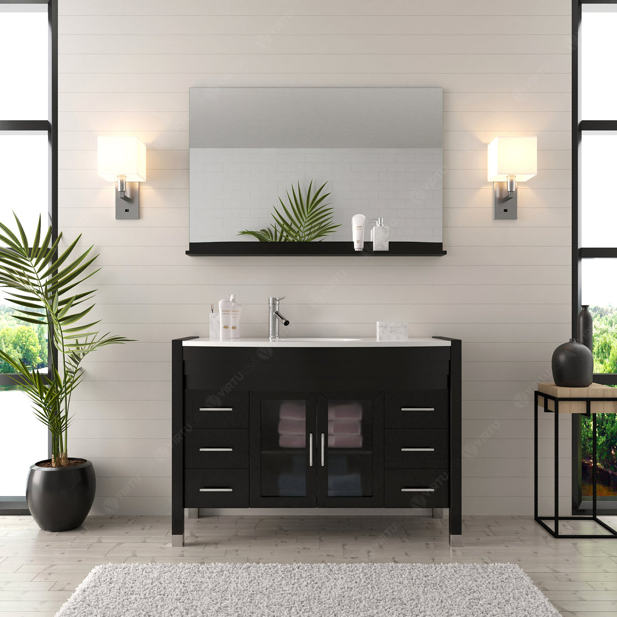 Virtu USA Ava 48" Single Bath Vanity with White Engineered Stone Top and Round Sink with Matching Mirror