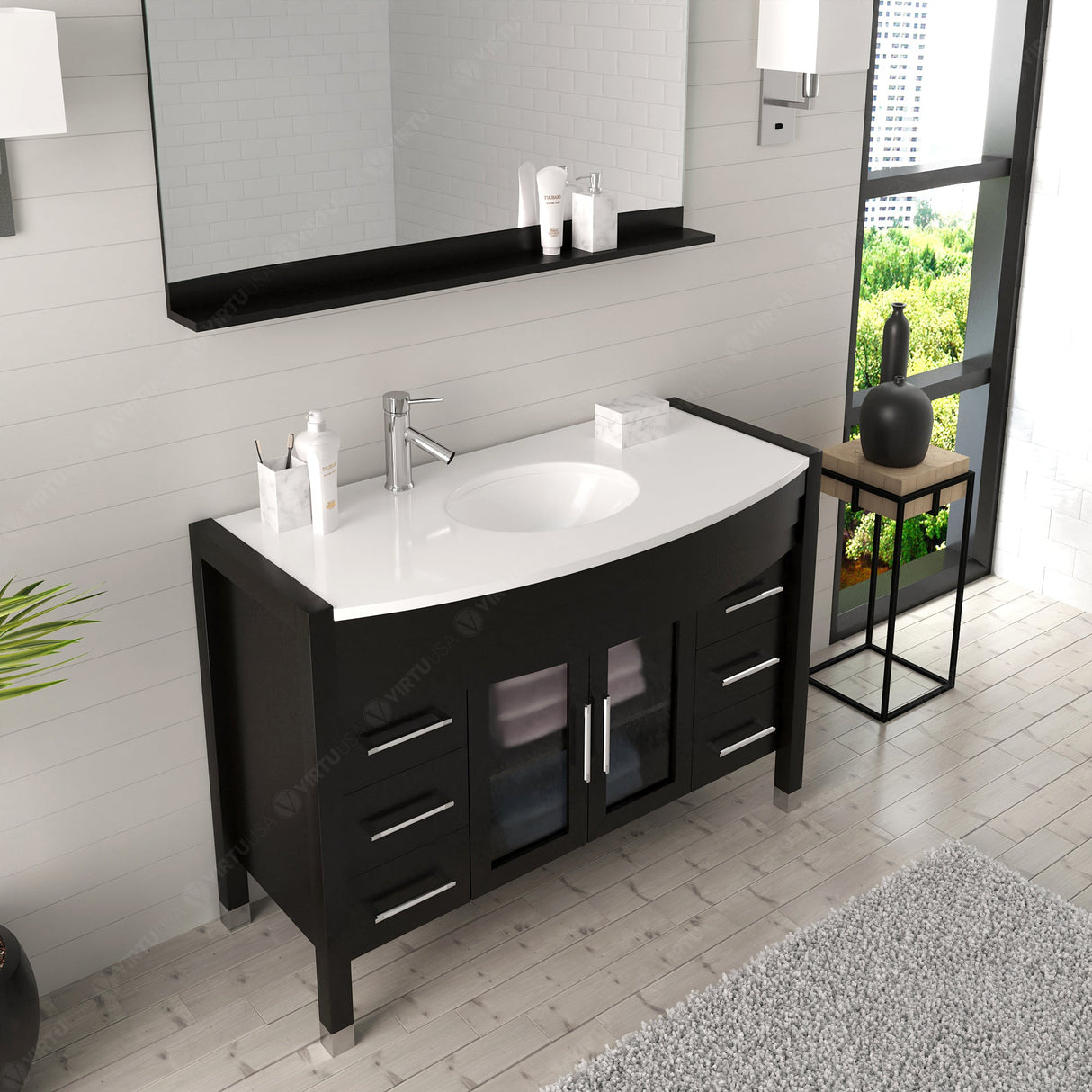 Virtu USA Ava 48" Single Bath Vanity with White Engineered Stone Top and Round Sink with Matching Mirror