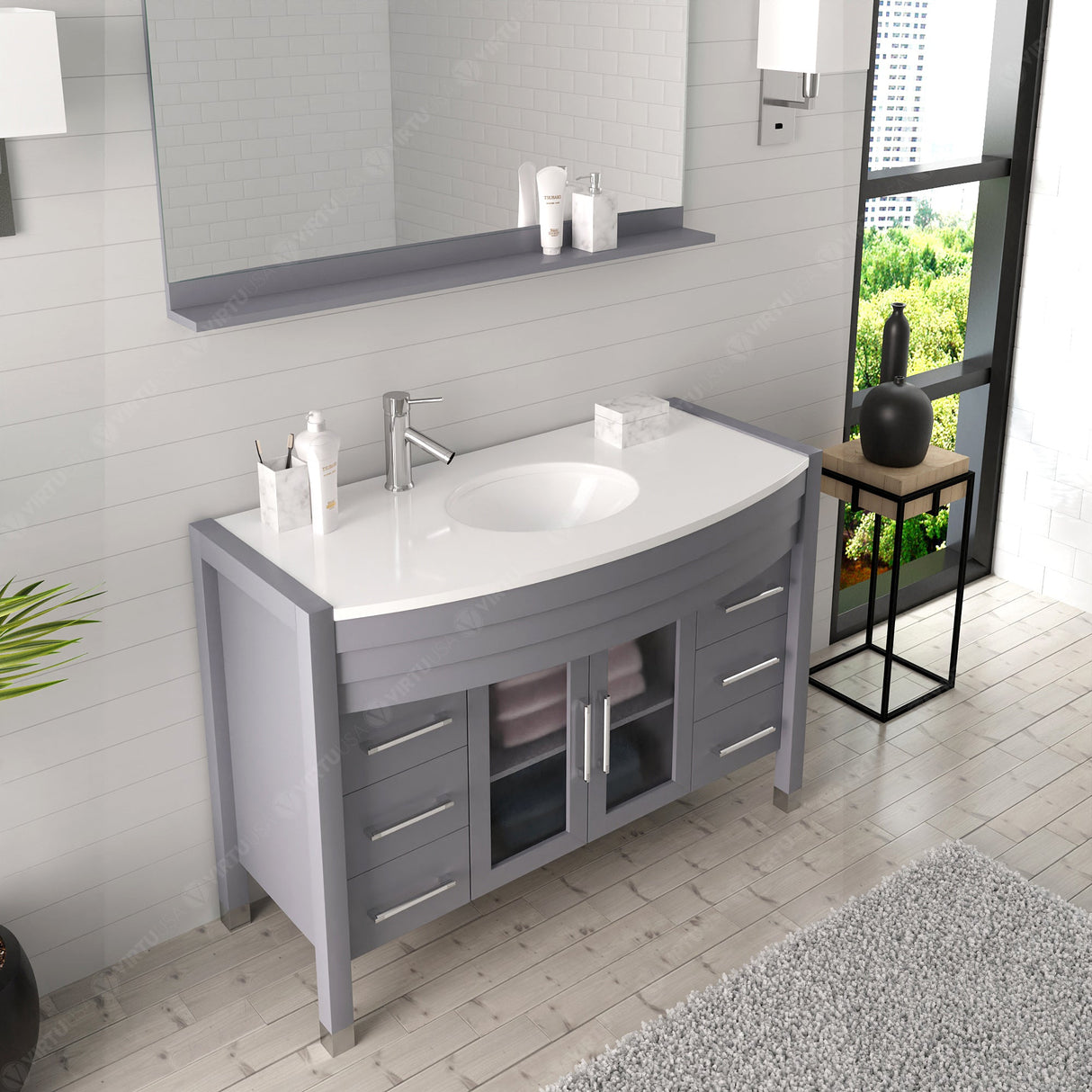 Virtu USA Ava 48" Single Bath Vanity with White Engineered Stone Top and Round Sink with Matching Mirror