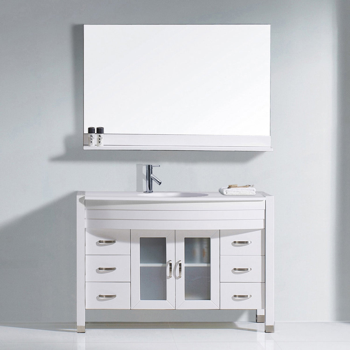 Virtu USA Ava 48" Single Bath Vanity with White Engineered Stone Top and Round Sink with Matching Mirror