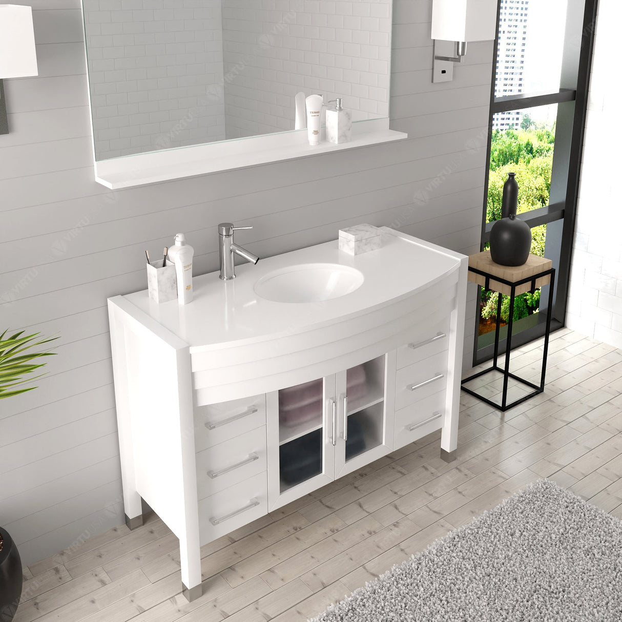 Virtu USA Ava 48" Single Bath Vanity with White Engineered Stone Top and Round Sink with Matching Mirror