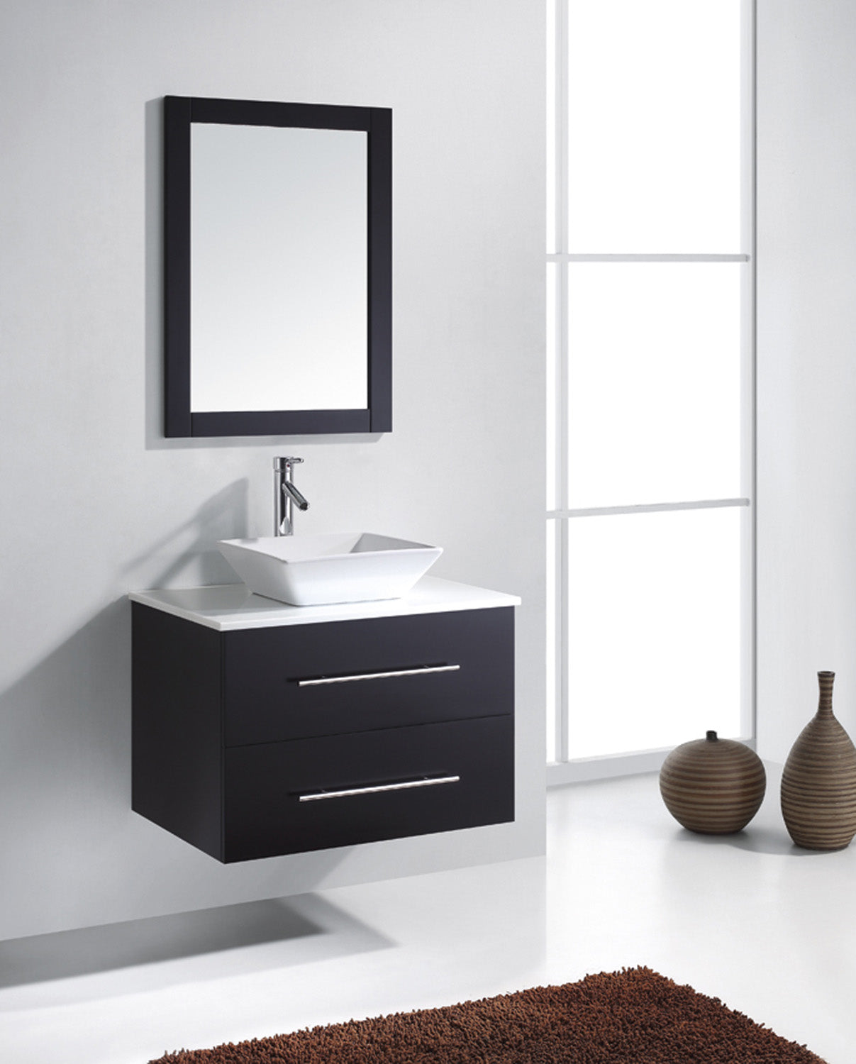 Virtu USA Marsala 29" Single Bath Vanity with White Engineered Stone Top and Square Sink with Brushed Nickel Faucet with Matching Mirror