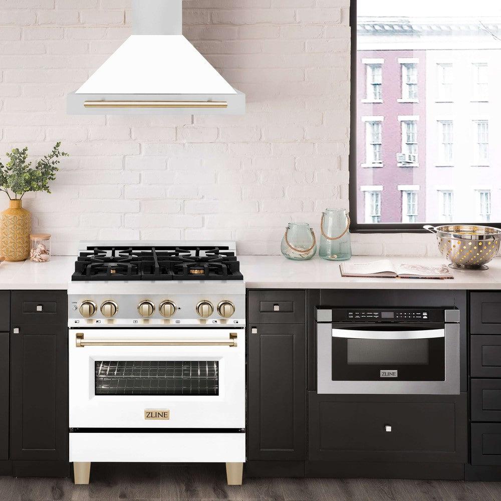 ZLINE Autograph Edition 30 in. Stainless Steel Range Hood with White Matte Shell and Accents (KB4STZ-WM30)