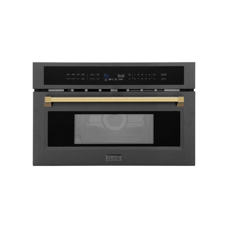 ZLINE Autograph Edition 30 in. 1.6 cu ft. Built-in Convection Microwave Oven in Black Stainless Steel with Gold Accents (MWOZ-30-BS-G) Front View Door Closed