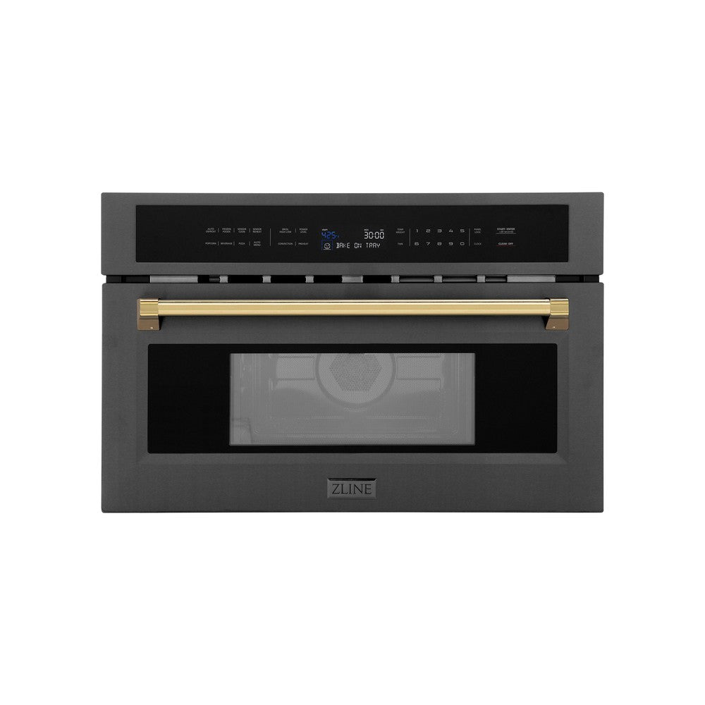 ZLINE Autograph Edition 30 in. 1.6 cu ft. Built-in Convection Microwave Oven in Black Stainless Steel with Gold Accents (MWOZ-30-BS-G) Front View Door Closed