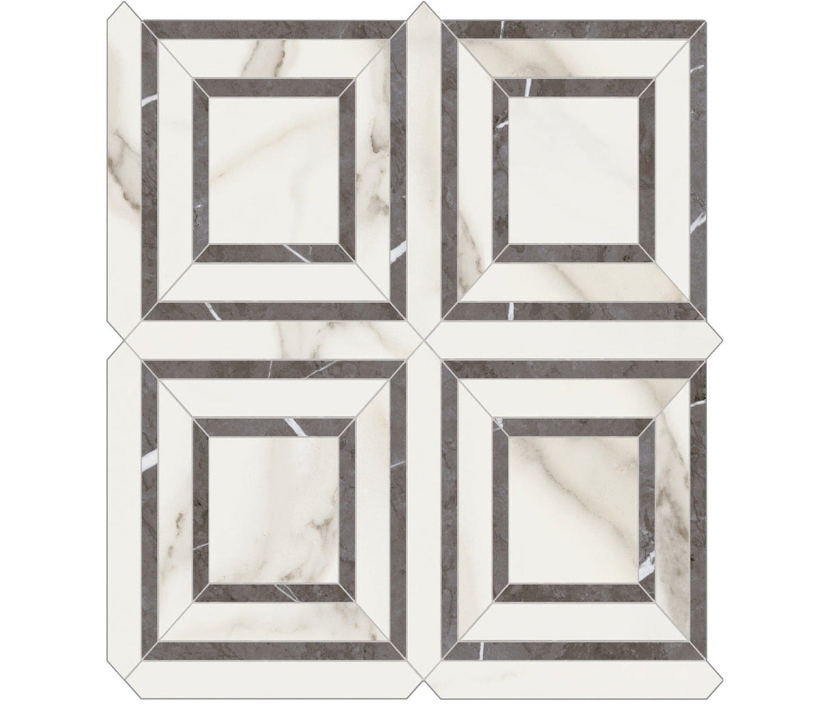 Anatolia Tile Mayfair Calacatta Piazza Polished Porcelain Mosaics. 1 Sheet = .96 Sq. Ft. 4501-0153-1 Calacatta Oro Piazza - premium natural stone mosaic tile from Anatolia Tile, available at PoshHaus showroom in Keene, NH