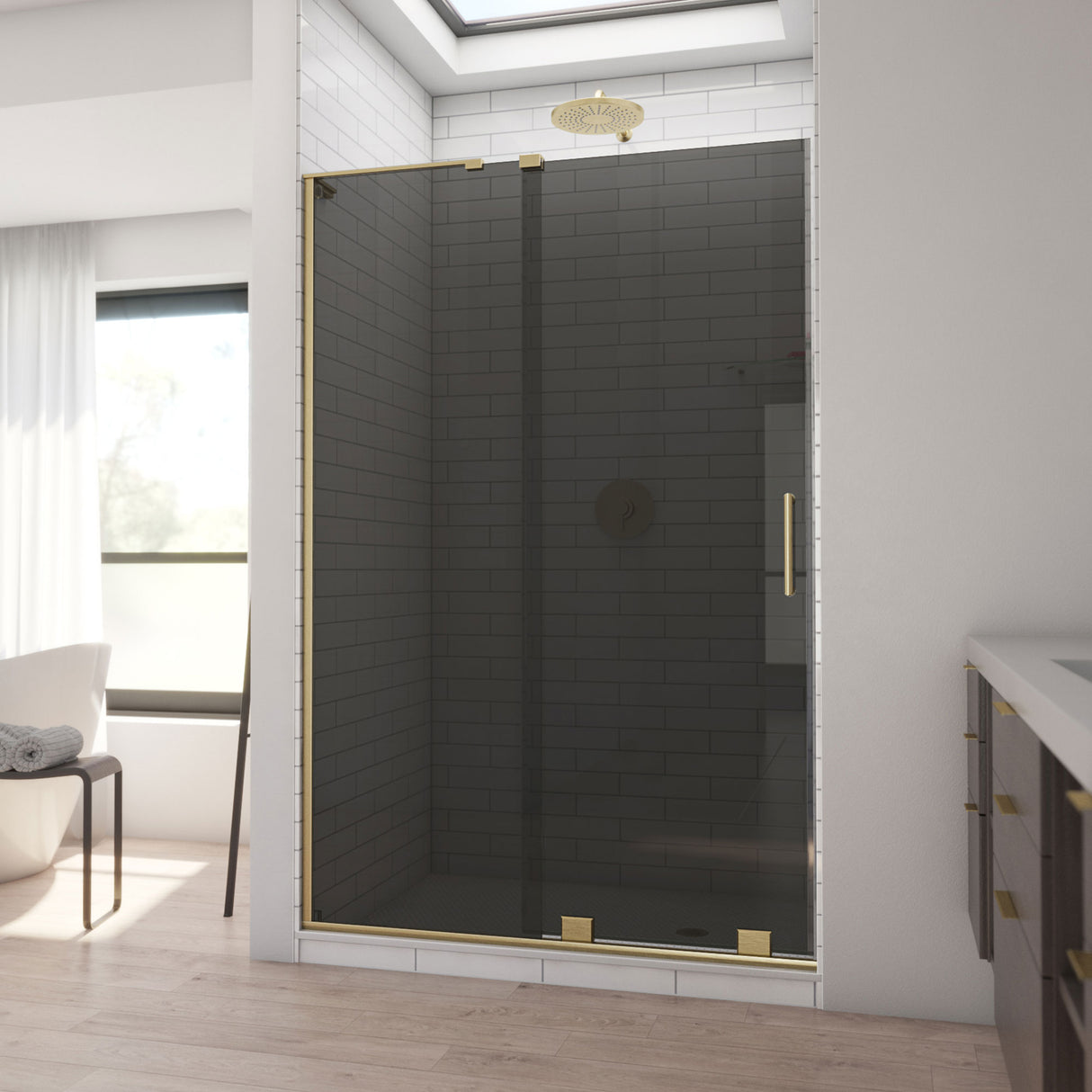 DreamLine Mirage-X 44-48 in. W x 72 in. H Frameless Sliding Shower Door in Brushed Gold and Smoke Gray Glass