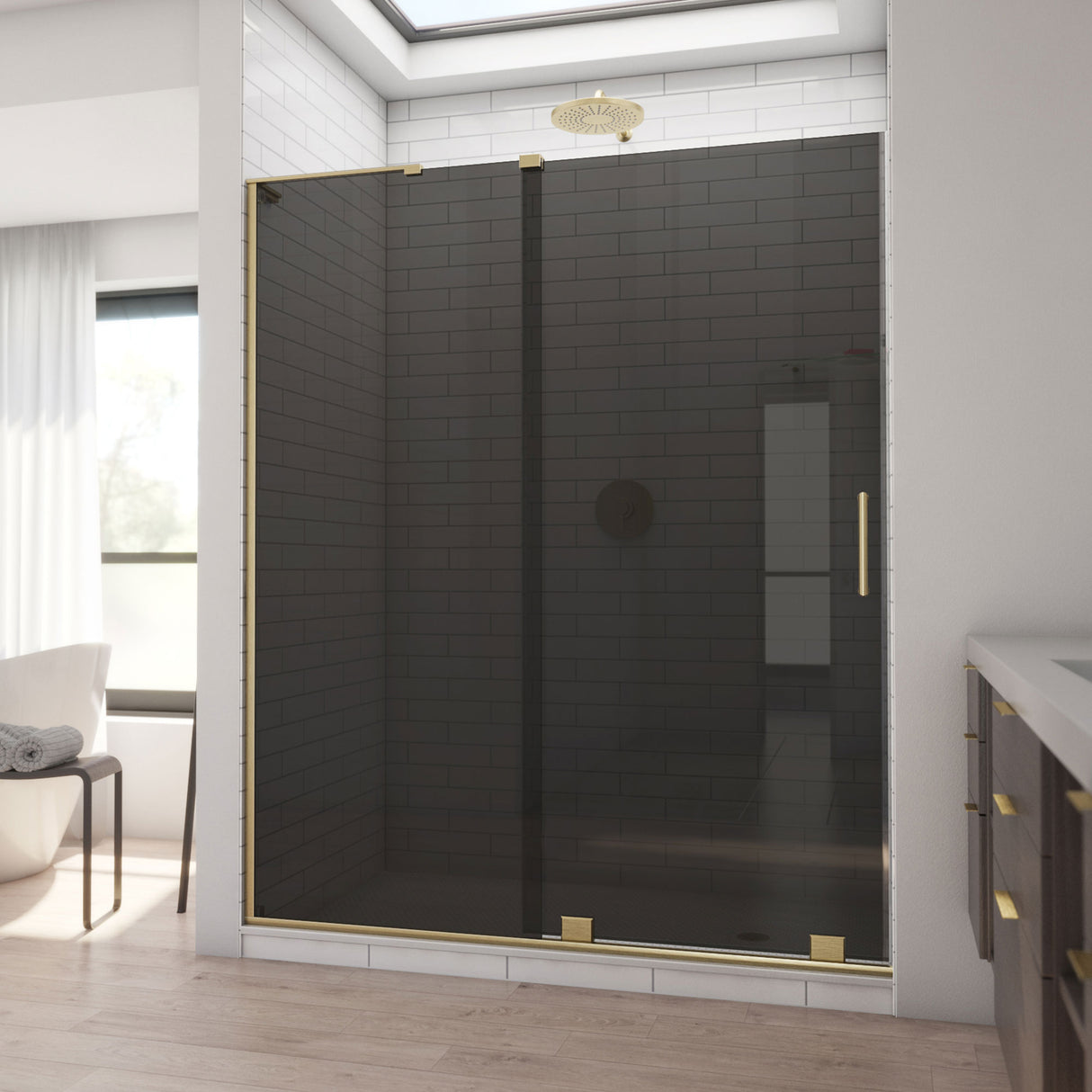 DreamLine Mirage-X 56-60 in. W x 72 in. H Frameless Sliding Shower Door in Brushed Gold and Smoke Gray Glass