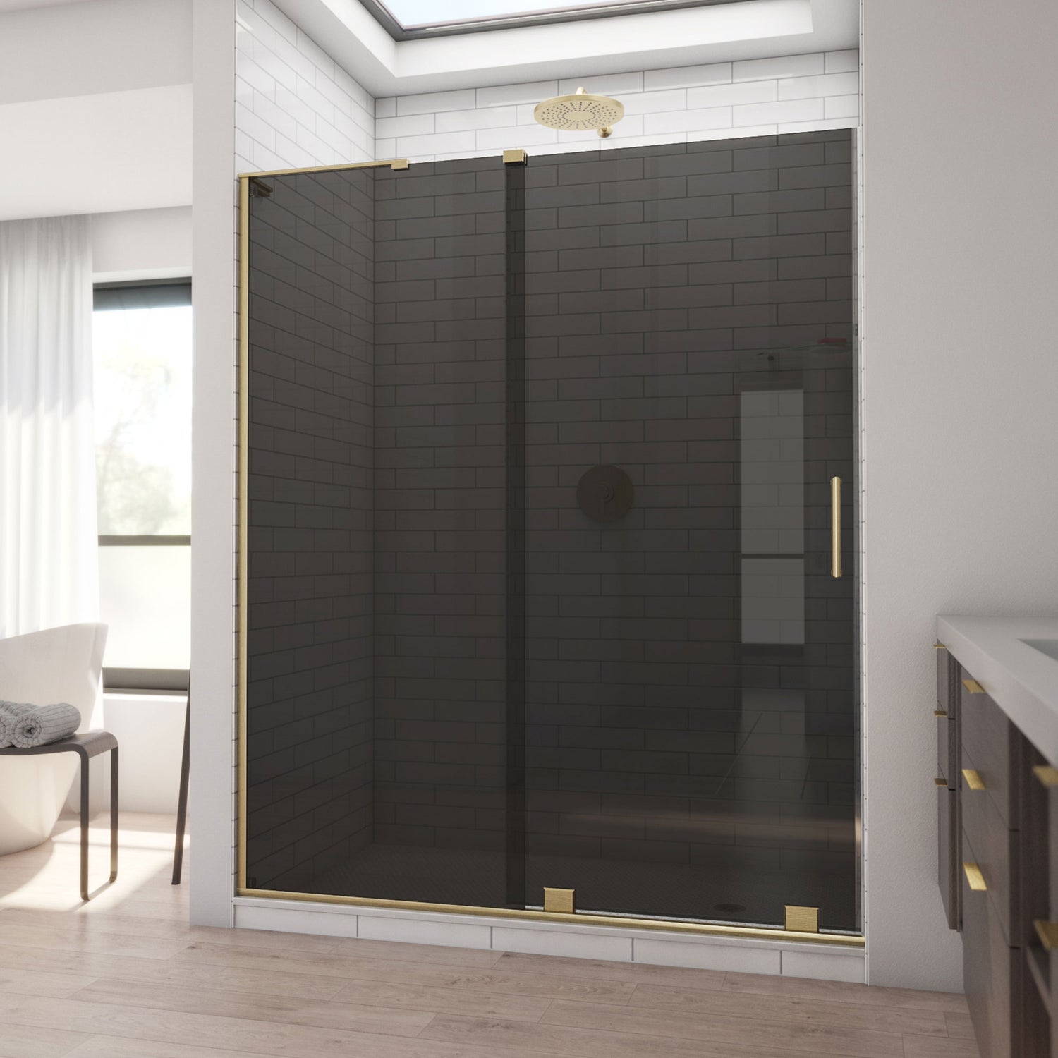 DreamLine Mirage-X 56-60 in. W x 72 in. H Frameless Sliding Shower Door in Brushed Gold and Smoke Gray Glass