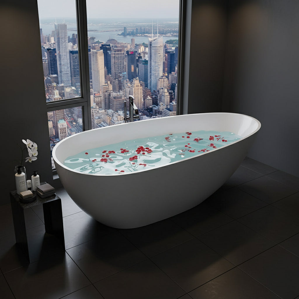 Modern bathroom with a freestanding bathtub filled with water and red flowers, surrounded by a wooden stool with bath items.