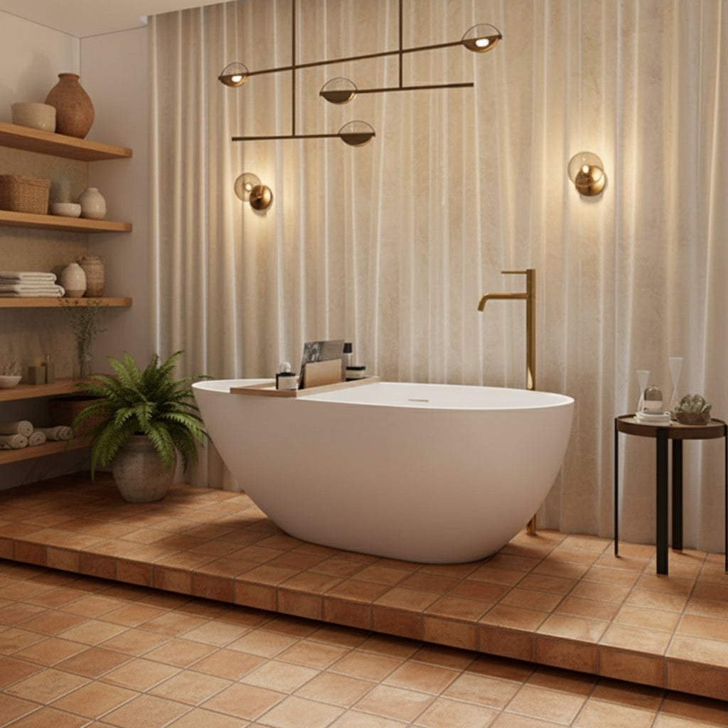 Modern bathroom with a freestanding bathtub in a bright setting
