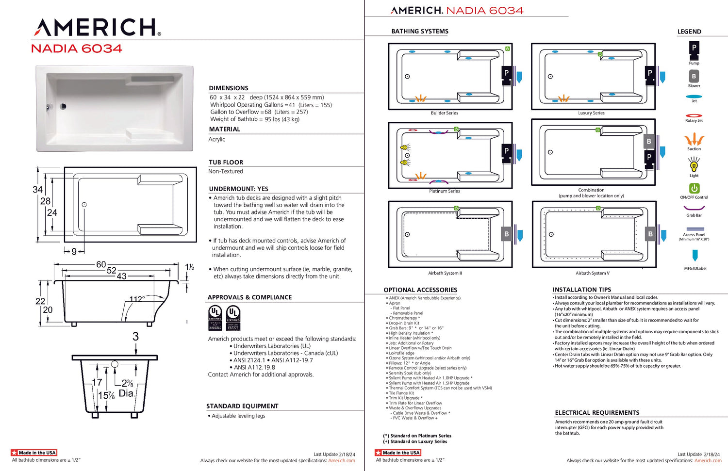 Americh NA6034TA5-BI Nadia 6034 - Tub Only / Airbath 5 - Biscuit