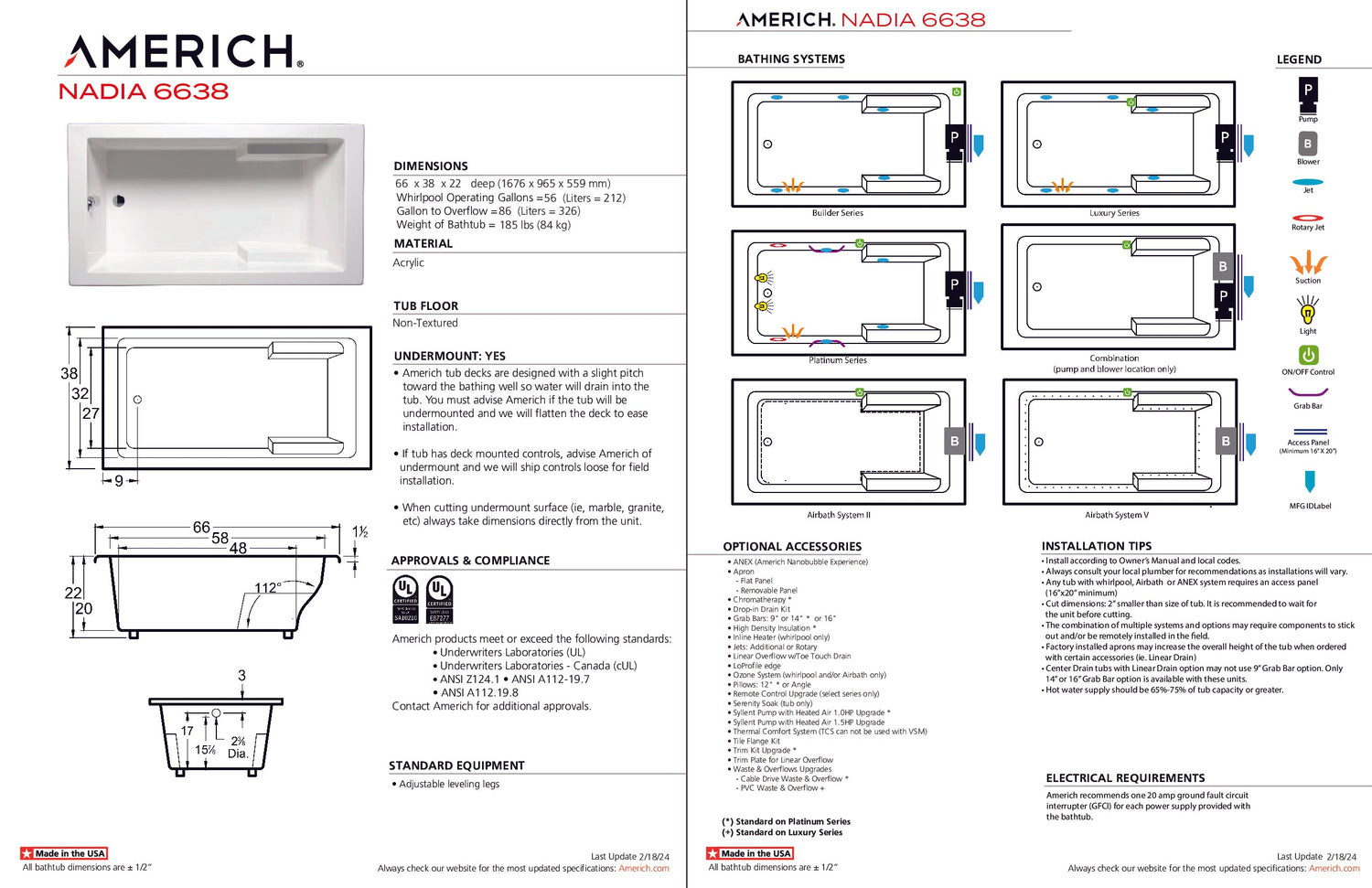 Americh NA6638TA5-BI Nadia 6638 - Tub Only / Airbath 5 - Biscuit