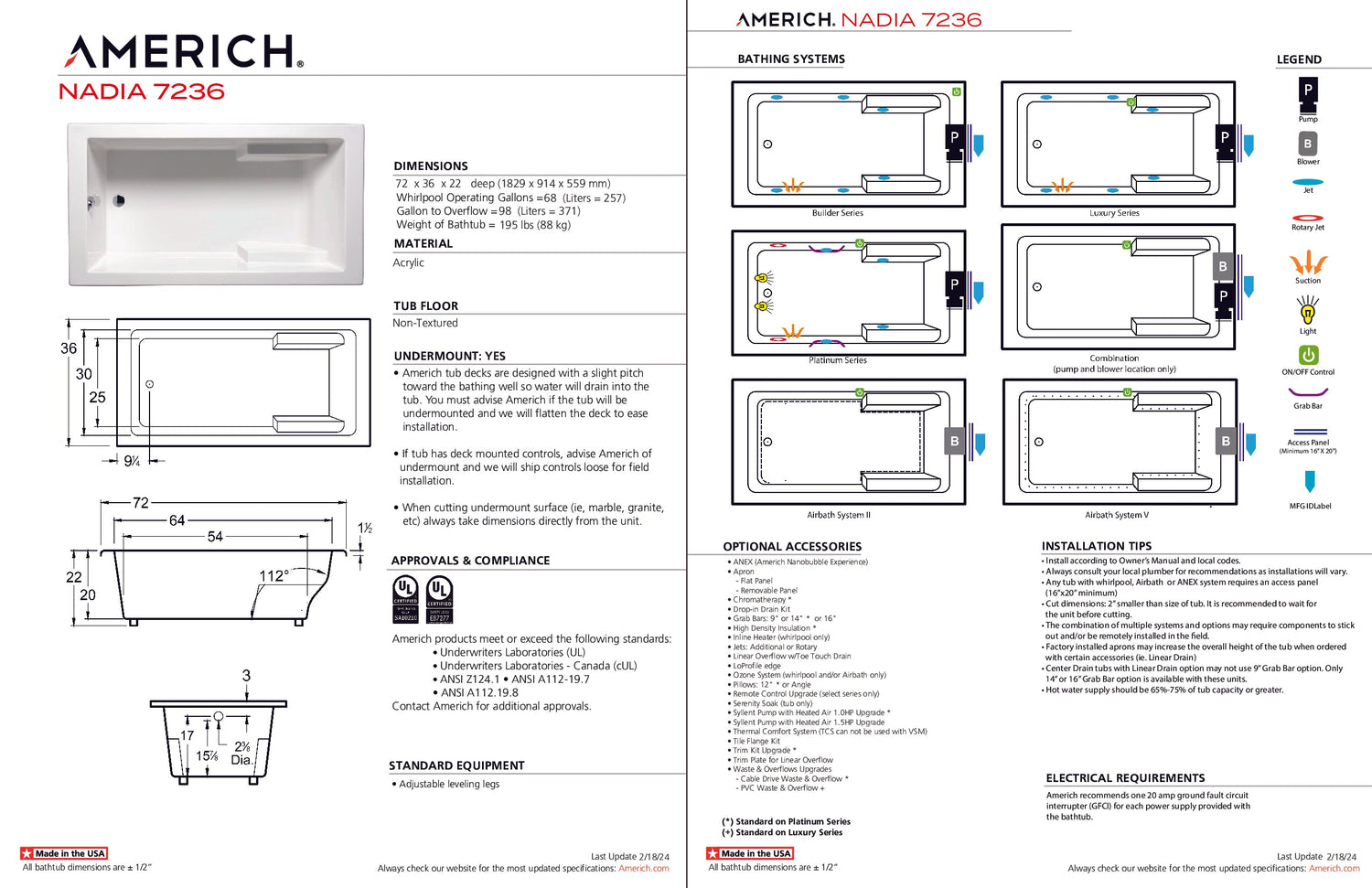 Americh NA7236TA5-BI Nadia 7236 - Tub Only / Airbath 5 - Biscuit
