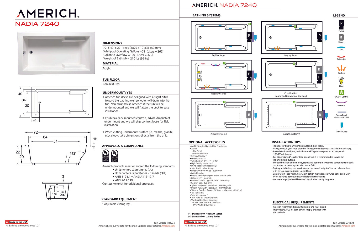 Americh NA7240TA5-BI Nadia 7240 - Tub Only / Airbath 5 - Biscuit