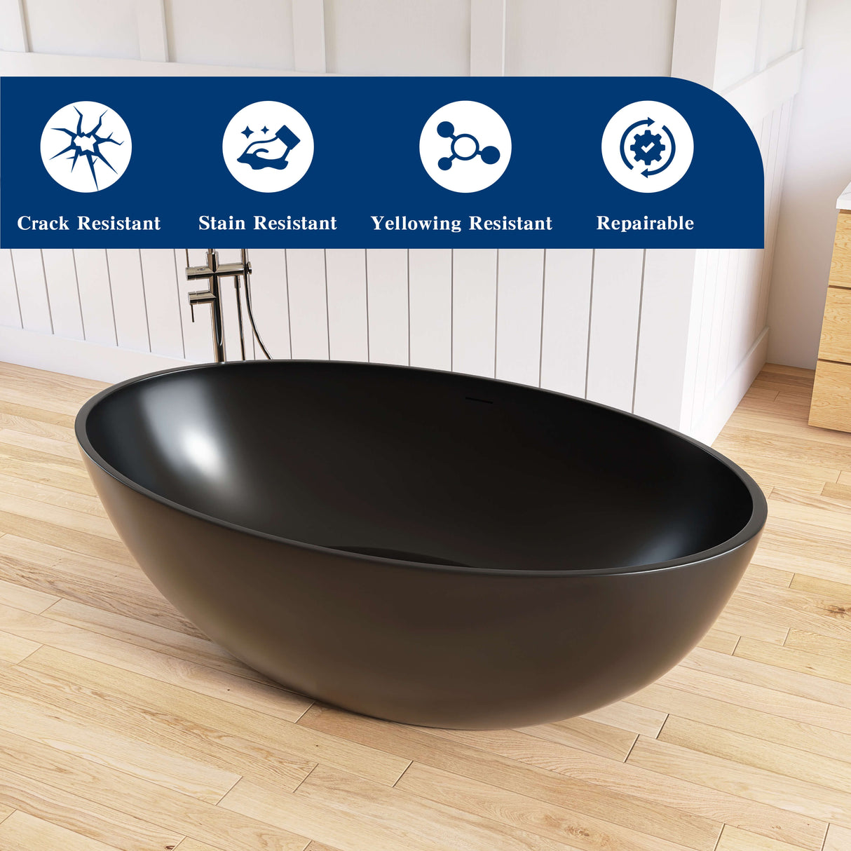 New England Home Goods Everest 67" Freestanding Tub in Black - Stone Resin Solid Surface