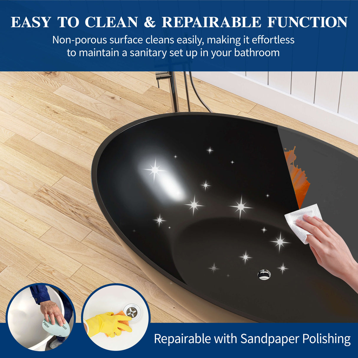 New England Home Goods Everest 67" Freestanding Tub in Black - Stone Resin Solid Surface