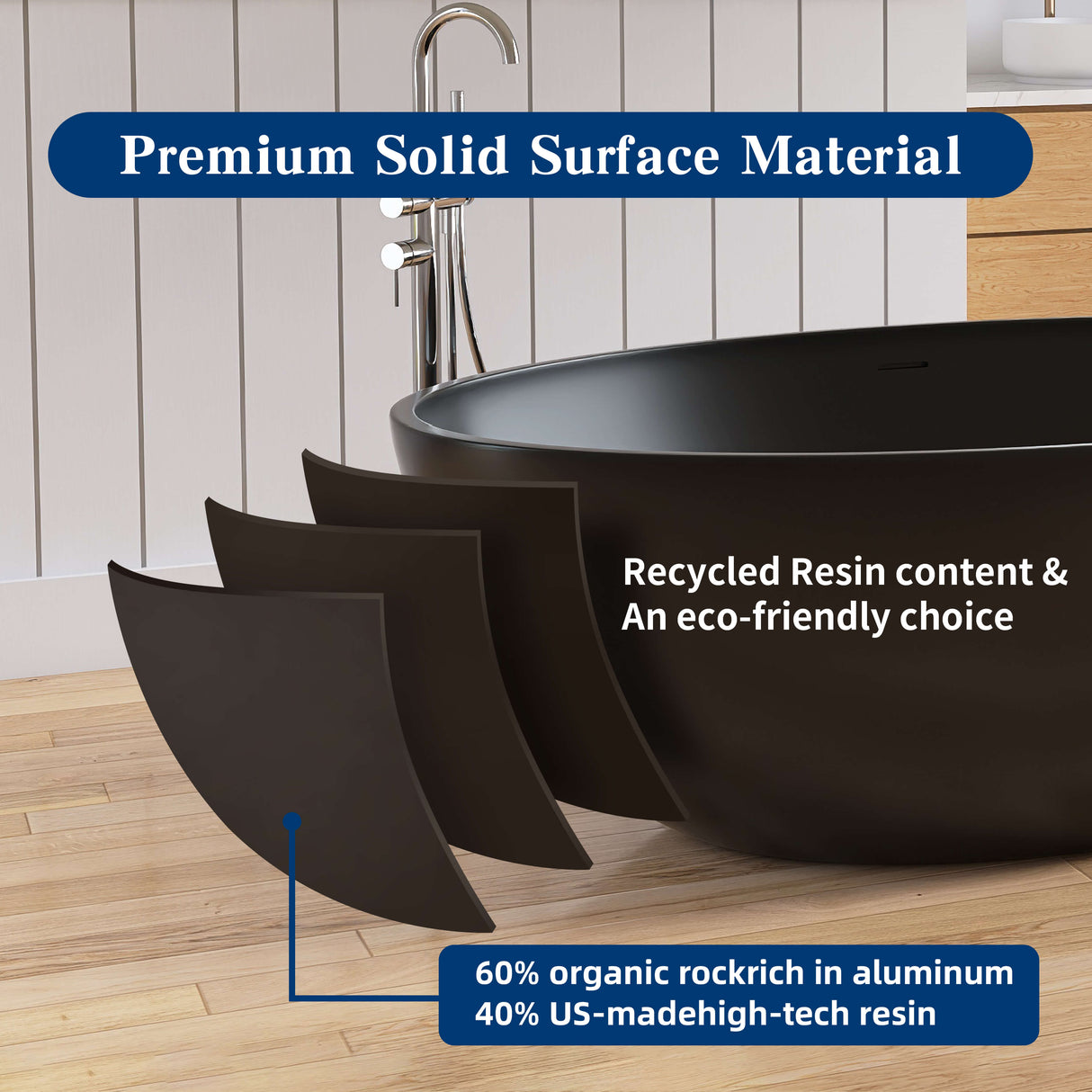 New England Home Goods Everest 67" Freestanding Tub in Black - Stone Resin Solid Surface