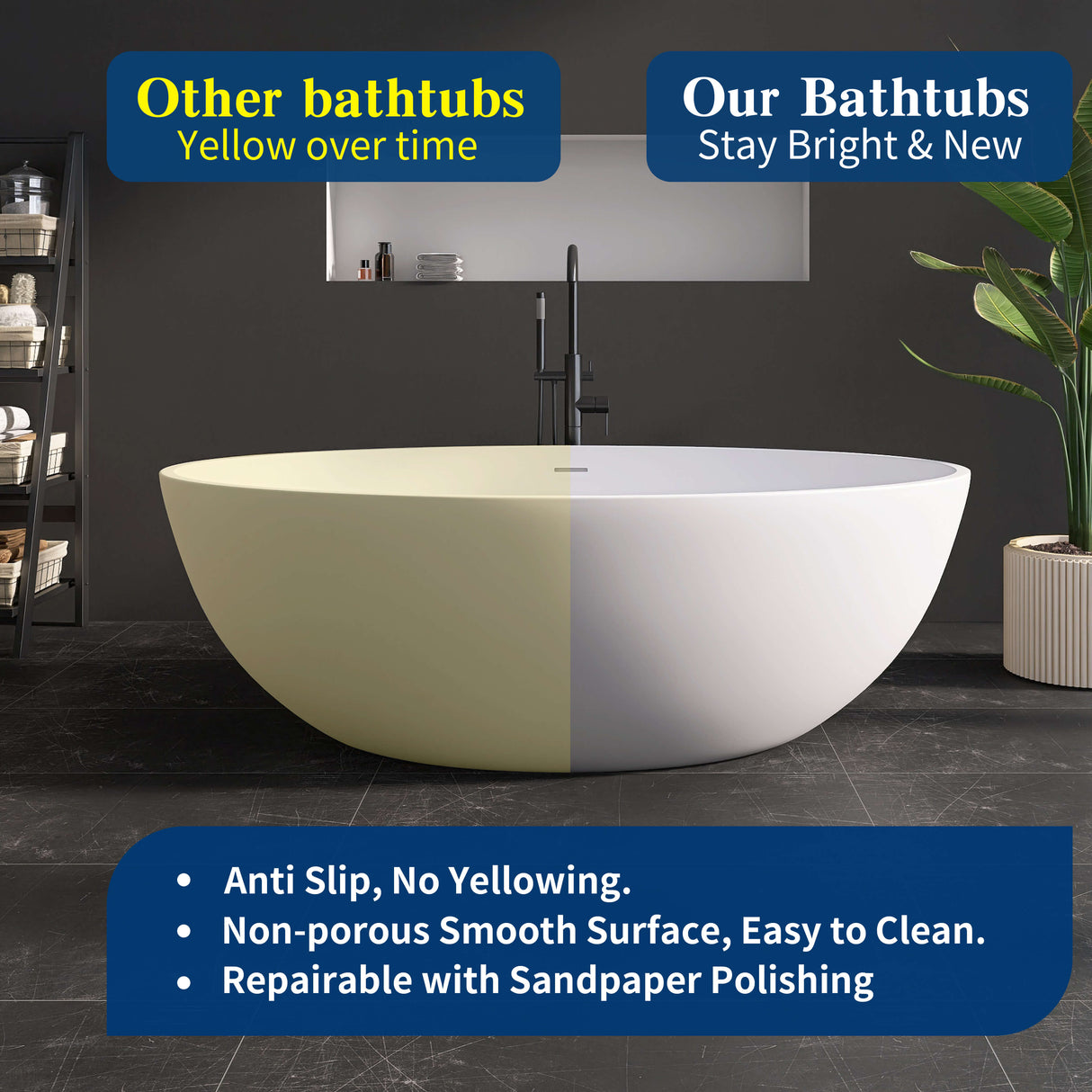 New England Home Goods Malibu 67" Freestanding Tub in White - Stone Resin Solid Surface