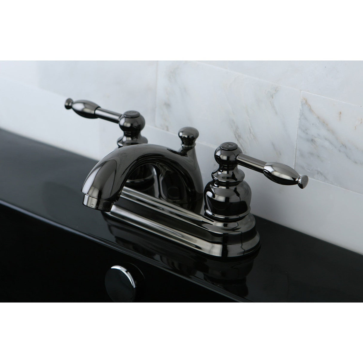 Water Onyx NB2600KL Two-Handle 3-Hole Deck Mount 4" Centerset Bathroom Faucet with Plastic Pop-Up, Black Stainless Steel