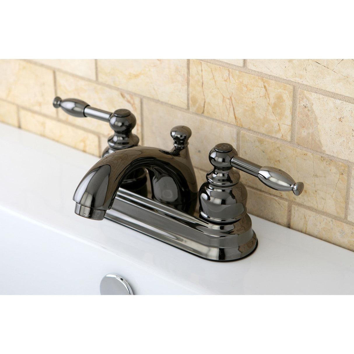Water Onyx NB2600KL Two-Handle 3-Hole Deck Mount 4" Centerset Bathroom Faucet with Plastic Pop-Up, Black Stainless Steel