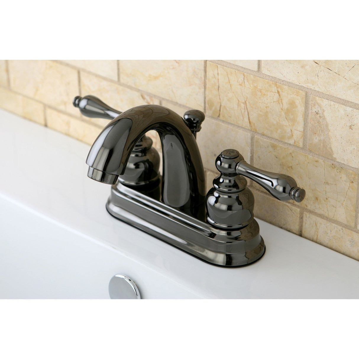 Water Onyx NB5610AL Two-Handle 3-Hole Deck Mount 4" Centerset Bathroom Faucet with Plastic Pop-Up, Black Stainless Steel