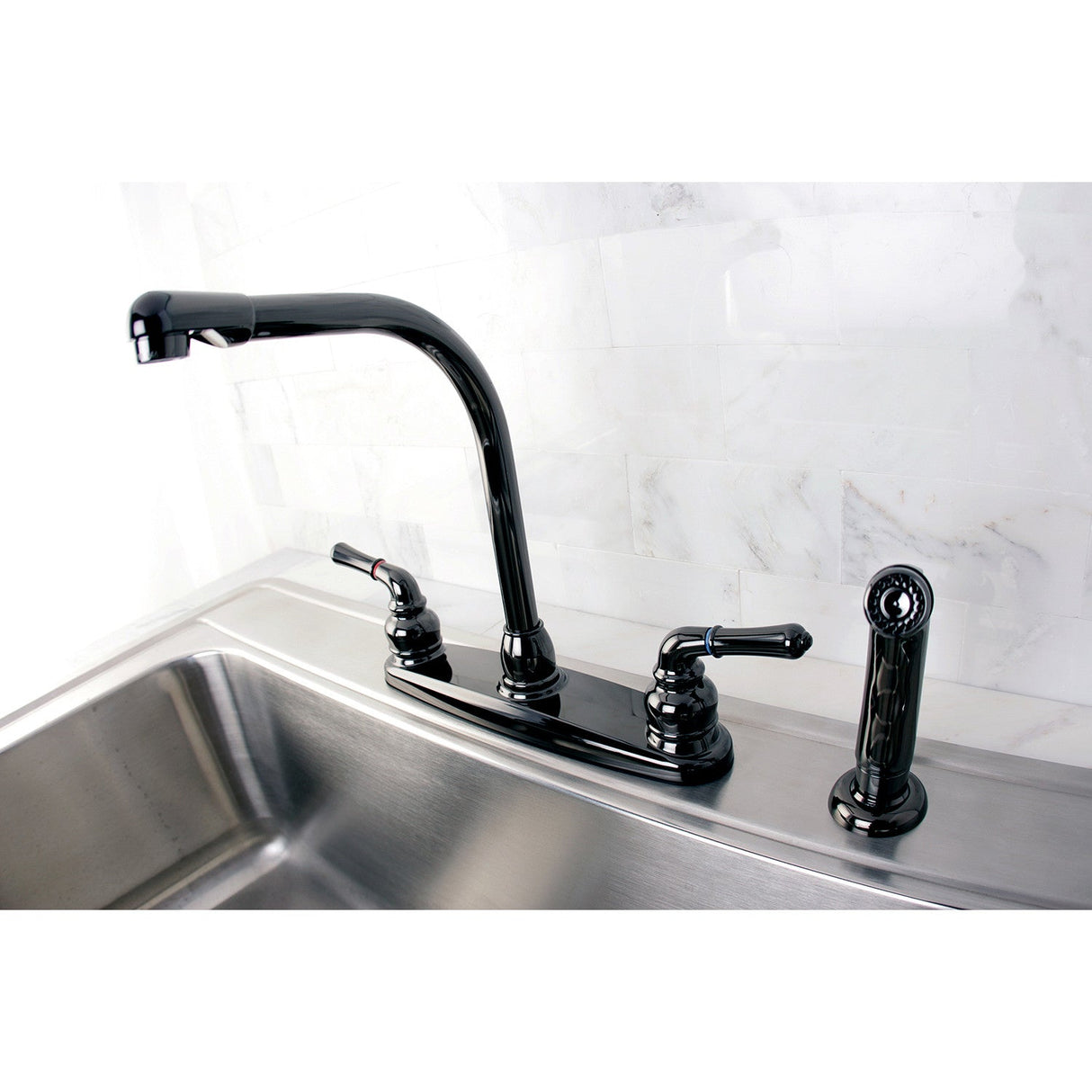 Water Onyx NB750SP Two-Handle 4-Hole Deck Mount 8" Centerset Kitchen Faucet with Side Sprayer, Black Stainless Steel