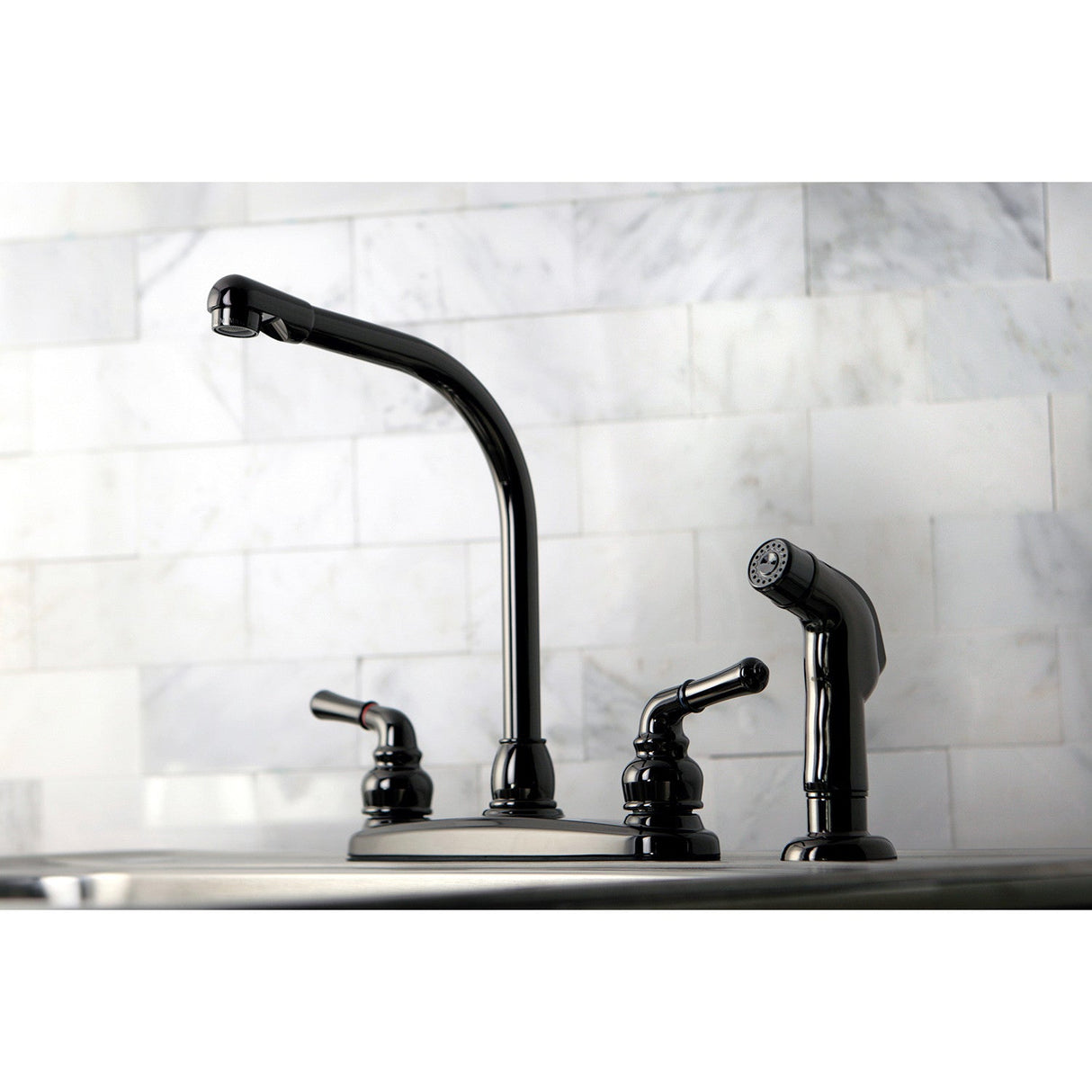 Water Onyx NB750SP Two-Handle 4-Hole Deck Mount 8" Centerset Kitchen Faucet with Side Sprayer, Black Stainless Steel