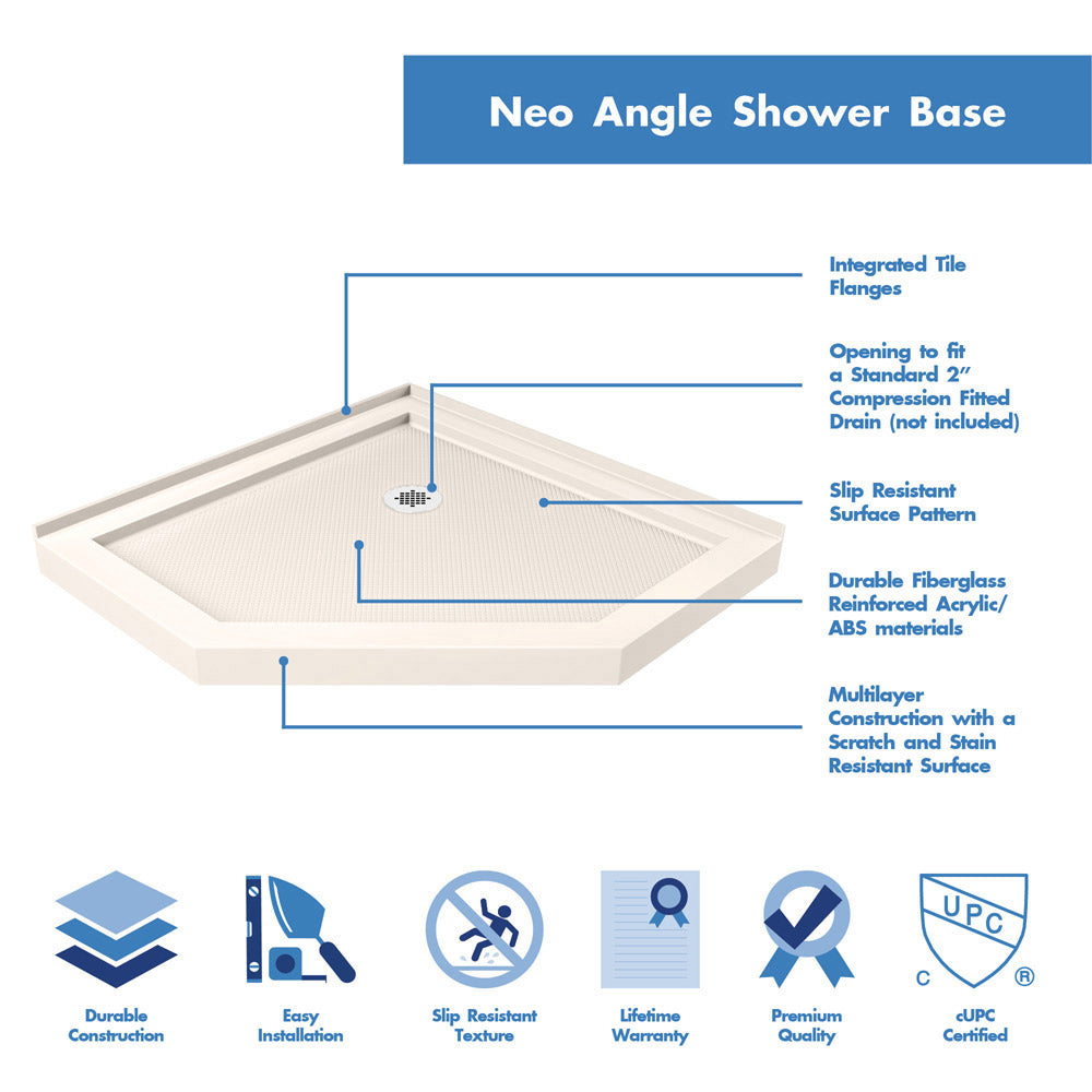 DreamLine Prism 40 in. x 74 3/4 in. Frameless Neo-Angle Pivot Shower Enclosure in Chrome with Biscuit Base Kit
