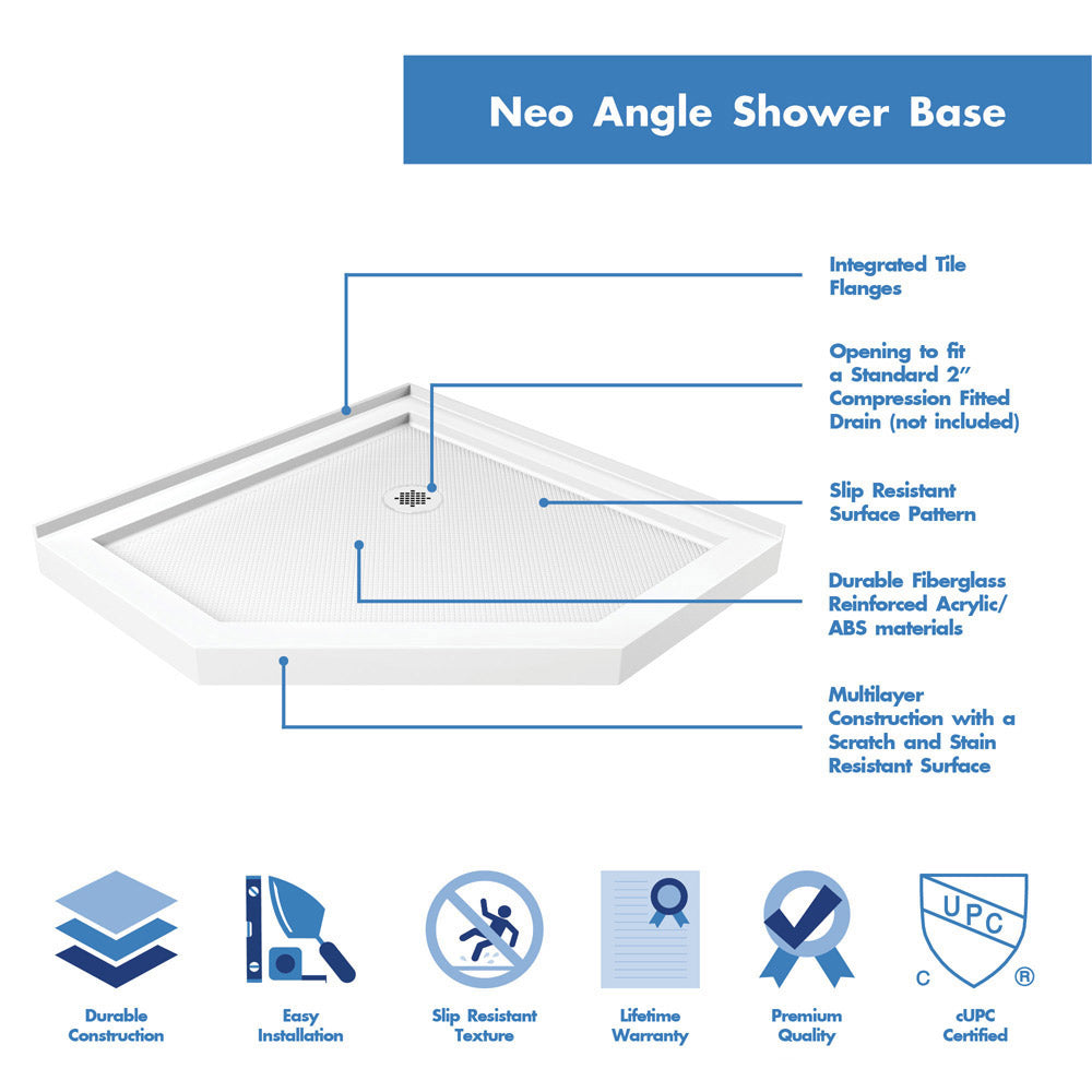 DreamLine 40 in. x 40 in. x 75 5/8 in. H Neo-Angle Shower Base and QWALL-2 Acrylic Corner Wall Kit in White