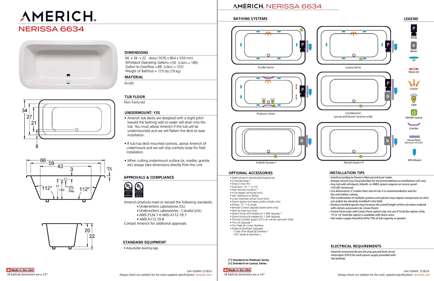 Americh NE6634TA5-BI Nerissa 6634 - Tub Only / Airbath 5 - Biscuit