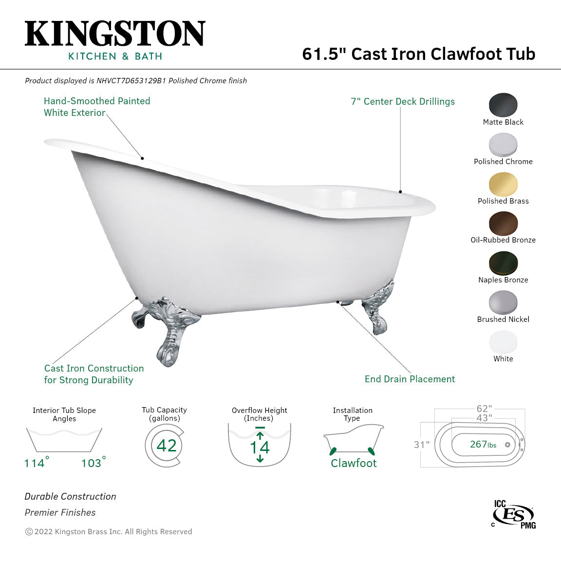 Aqua Eden NHVCT7D653129B0 62-Inch Cast Iron Single Slipper Clawfoot Tub with 7-Inch Faucet Drillings, White/Matte Black