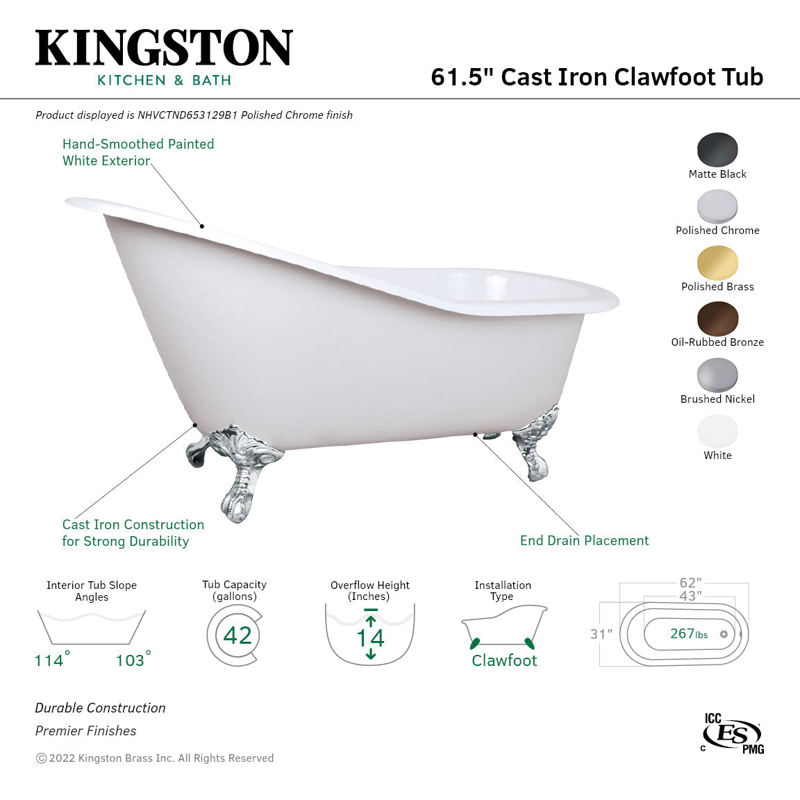 Aqua Eden NHVCTND653129B0 61-Inch Cast Iron Single Slipper Clawfoot Tub (No Faucet Drillings), White/Matte Black