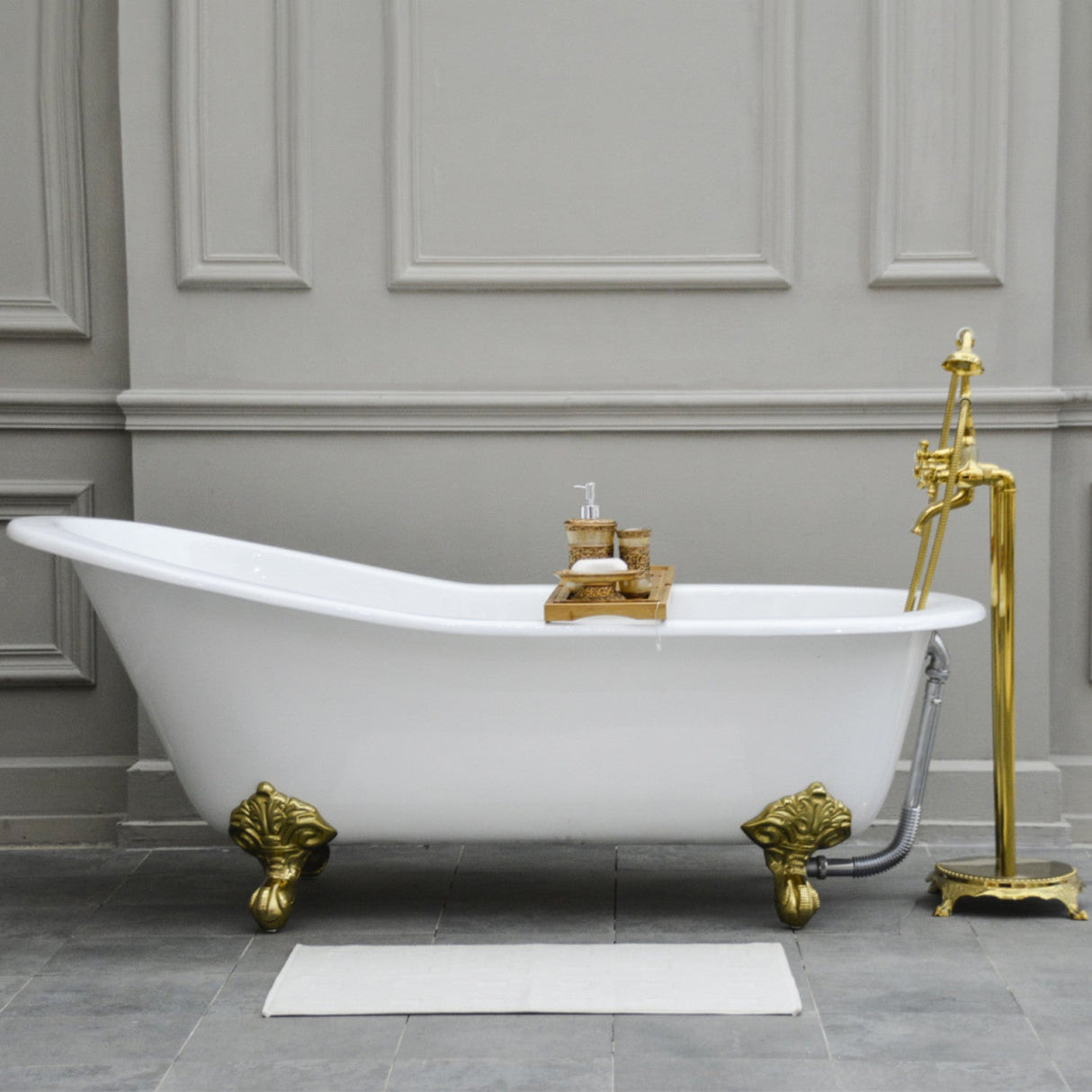 Aqua Eden NHVCTND653129B2 61-Inch Cast Iron Single Slipper Clawfoot Tub (No Faucet Drillings), White/Polished Brass