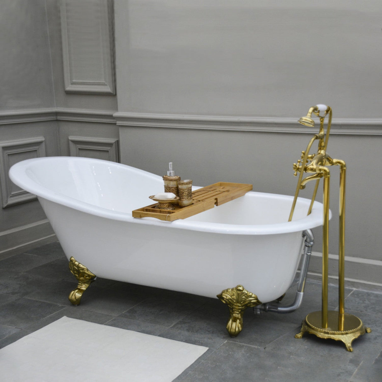 Aqua Eden NHVCTND653129B2 61-Inch Cast Iron Single Slipper Clawfoot Tub (No Faucet Drillings), White/Polished Brass