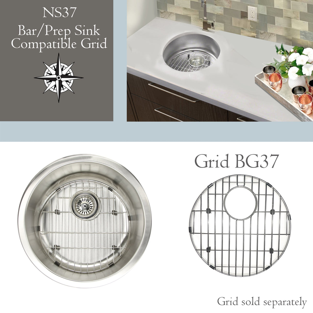 Nantucket Sinks' NS37- Round Undermount Stainless Steel Bar/Prep Sink, 18 Gauge
