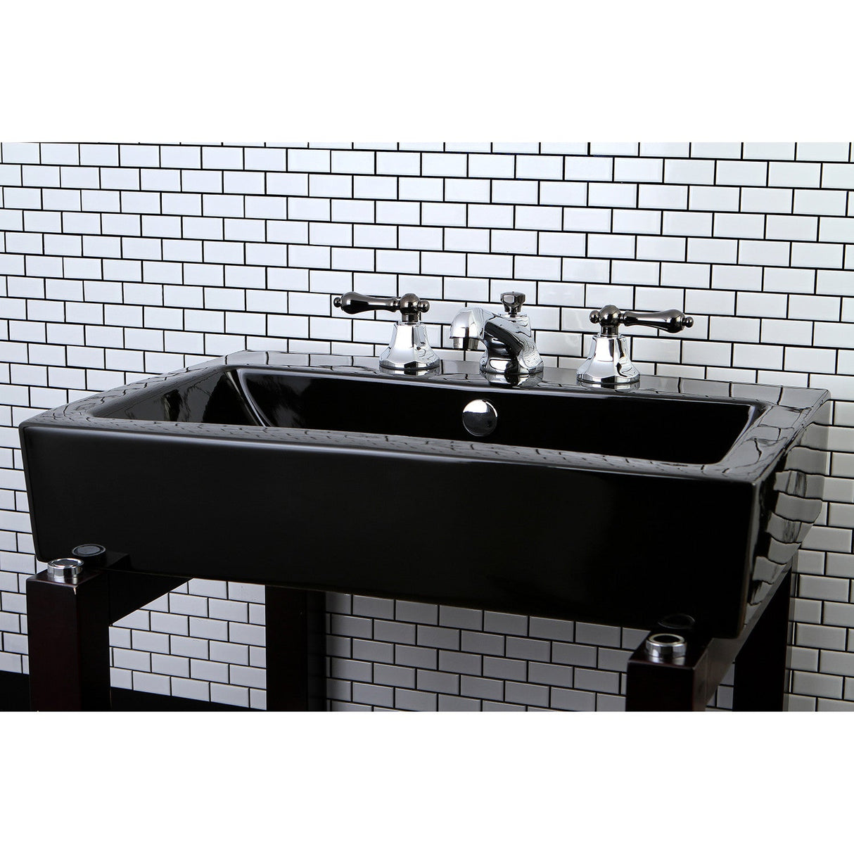 Water Onyx NS4463AL Two-Handle 3-Hole Deck Mount Widespread Bathroom Faucet with Brass Pop-Up, Polished Chrome/Black Stainless Steel