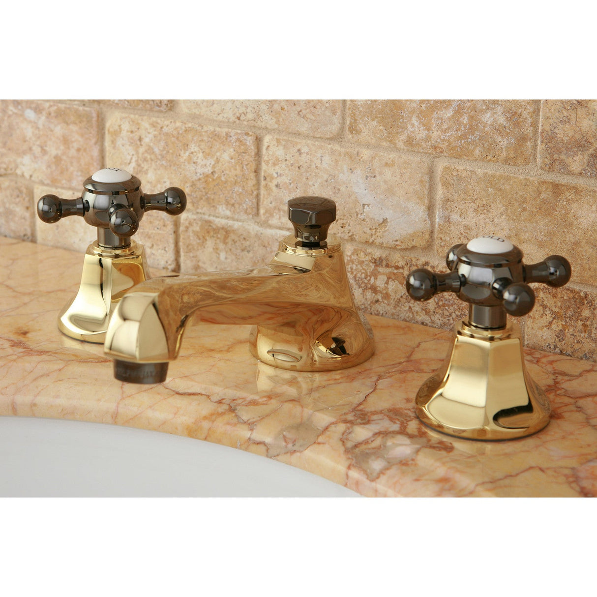 Water Onyx NS4466BX Two-Handle 3-Hole Deck Mount Widespread Bathroom Faucet with Brass Pop-Up, Polished Brass/Black Stainless Steel