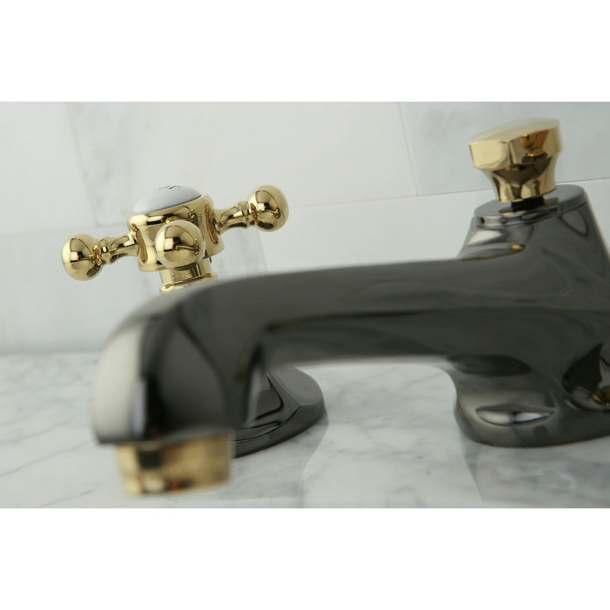 Water Onyx NS4469BX Two-Handle 3-Hole Deck Mount Widespread Bathroom Faucet with Brass Pop-Up, Black Stainless Steel/Polished Brass
